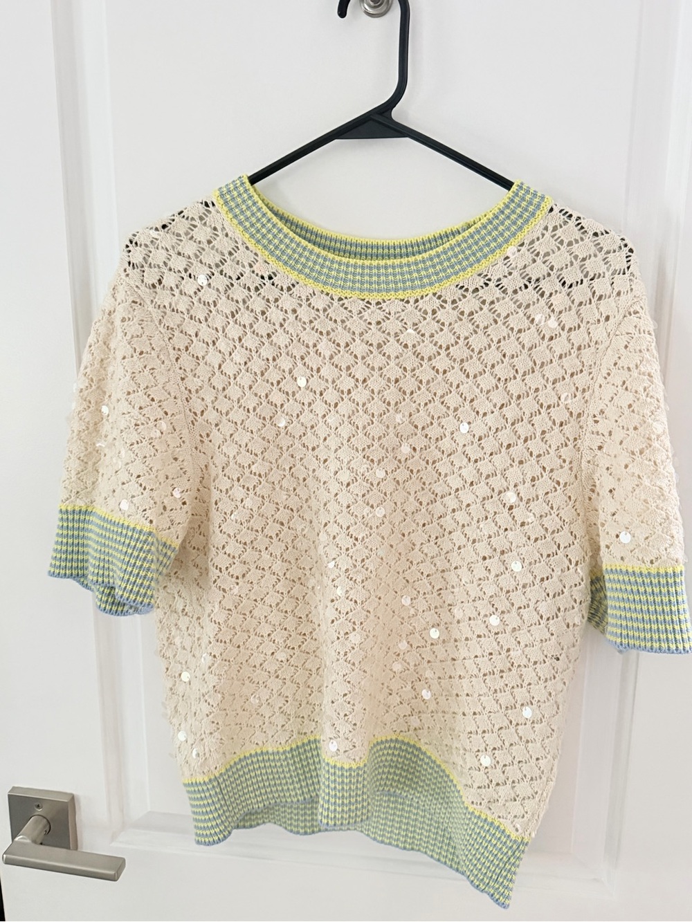 J. Crew Cream Open-Knit Short Sleeve Sweater with Green Trim